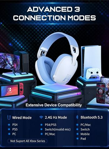 onikuma B2 Wireless Gaming Headset with Mic,Over-Ear Gaming Headphone for PS4, PS5, PC, Switch, Mac,2.4GHz Bluetooth 5.3 Gaming Headphones with Noise Cancelling Mic - White