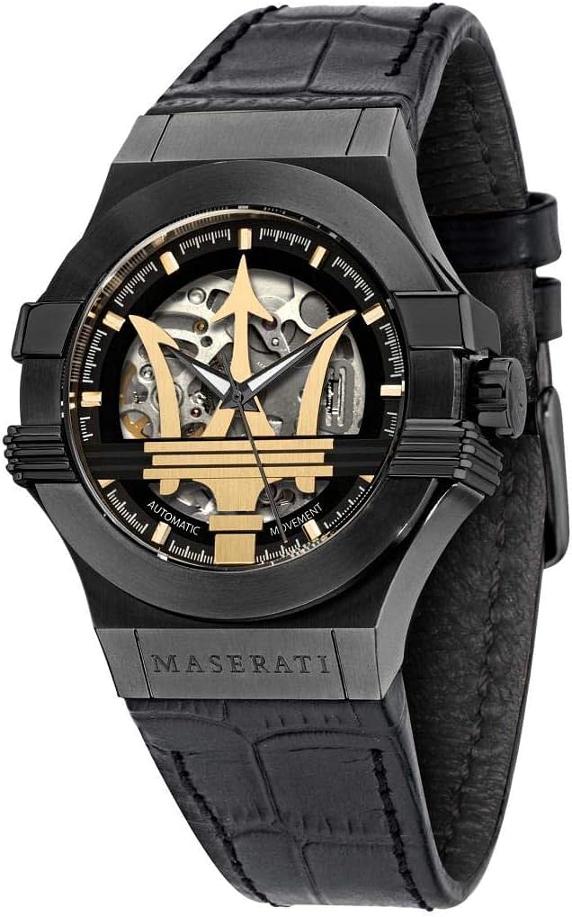 Maserati Watch Potenza Skeleton Dial Black Leather Men's Watch 42mm