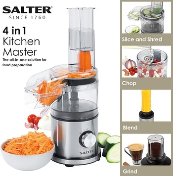 Salter EK5028 4-in-1 Kitchen Master Food Processor and Blender, Slice, Shred, Chop, Blend & Grind, 2 Speeds & Pulse, 600 ml Bottle, 30 g Grinding Cup, Dual Function, Food Pusher, Dishwasher Safe, 400W