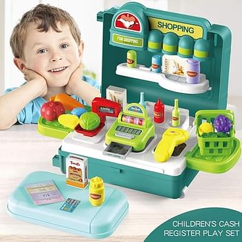 Toy Set 4 in 1 Travel Suitcase Mobile Supermarket Shop Kit Cash Register Food Fruit Vegetable 43PCS Role Play Accessories Gift for Boys Girls