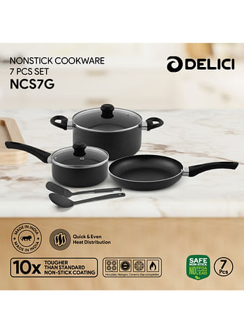 DELICI Nonstick Cookware Set 7 Pcs (NCS7G) 10X Tougher Coating Quick & Even Heat Distribution Suitable for Hot Plate Halogen Ceramic Gas 24cm Casserole with Lid 18cm Saucepan with Lid 24cm Frypan and 2 Nylon Spatulas