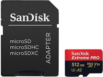 SanDisk 512GB Extreme Pro microSD UHS I Card for 4K Video on Smartphones, Action Cams & Drones 200MB/s Read, 140MB/s Write, SDSQXCD 512G GN6MA - Red, Black