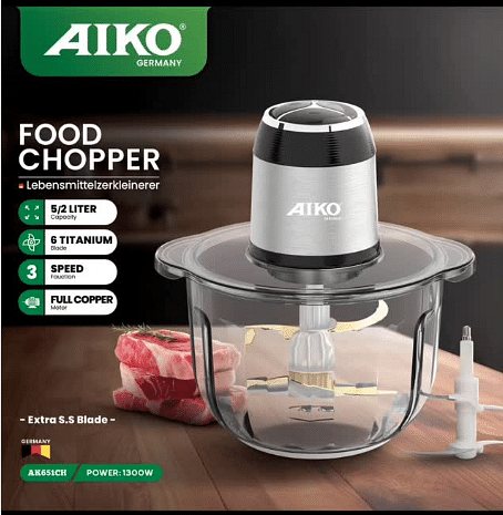 AIKO AK651CH Food Chopper 1300 Watts A++ Energy Grade Titanium 6-Toothed Blade, 5/2 Ltr Bowl Capacity Stainless Steel Motor Body Copper Motor Anti-Slip Pad Crusher