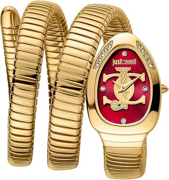 Just Cavalli Signature Snake Serpente Glam Evo 5 Dual - Women's Fashion Quartz Wrist Watch Bracelet and Case in Stainless Steel Roll-Up and Flexible Analogue Display JC1L228M0045 - Gold, Red