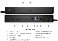 قاعدة توصيل DELL Thunderbolt 4 WD22TB4، تدعم شاشتين، مع محول طاقة بقوة 180 وات