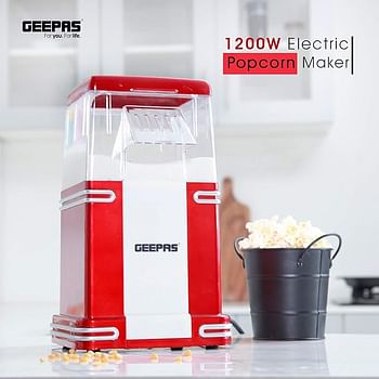 1200W Electric Popcorn Maker, Makes Hot, Fresh, Healthy and Fat-Free Theatre Style Popcorn Anytime, On/Off Switch, Oil-Free Popcorn Popper Geepas – Red & White