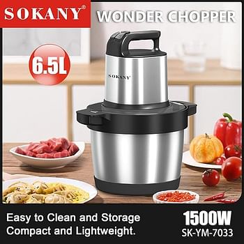 SOKANY Electric Food Chopper Stainless Steel Bowl 2 Speed ​​with 4 Sharp Blades Blender Chopper with Powerful Motor Food Processor for Fruit Vegetables Meat Spices (SK-7033, 1500W, 6.5L)