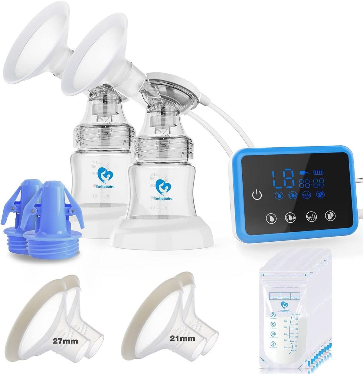 Bellababy Electric Breast Pump Portable Touch Control LED Timer Display, 4 Modes & 9 Levels Efficient Suction Double Breast Pump, Comes with 21mm /24mm/27mm Flanges