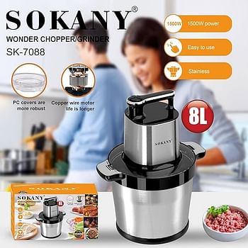 SOKANY SK-7088 Electric Food Chopper 1500W with 8L Stainless Steel Bowl 3 Speeds with 6 Sharp Blades Blender Chopper with Powerful Motor Food Processor for Fruit Vegetables Meat Spices