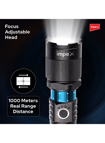 Impex Rechargeable LED Flashlight 10W Laser LED 500 Lumens 1800m Range 3 Modes (High, Low, SOS) Aircraft Non-Corrosive Aluminum Body Type C Charging Rotatable Head Powerful Light Beam