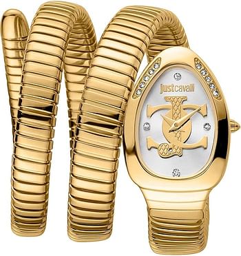 Just Cavalli Signature Snake Serpente Glam Evo 5 Dual Women's Fashion Quartz Wrist Watch Bracelet and Case in Stainless Steel Roll-Up and Flexible Analogue Display JC1228M0035 - Gold,White