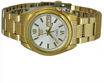 Seiko SNKL58K1 Men's Seiko 5 Gold Tone Stainless Steel Case and Bracelet White Tone Dial Day and Date Watch