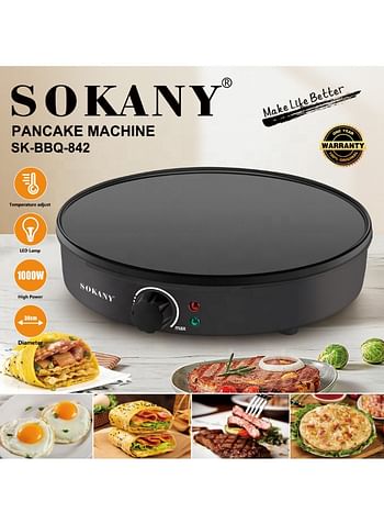 Sokany SK-BBQ-842 Pancake & Crepe Maker, Diameter 30 cm, Power 1000W, Non-Stick Coating, Adjustable Temperature, LED Light - Easy to Use