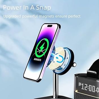 5 in 1 Wireless Charger with Alarm Clock, Wireless Charger Station for Apple Device, Mag-Safe Charging Station, Magnetic Wirelss Charger Stand for Cell Phones, Watches, Headphones - Black