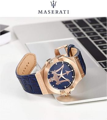 Maserati Watch Potenza 42mm 3h Rose Gold Case Blue Dial Blue Strap Size 42