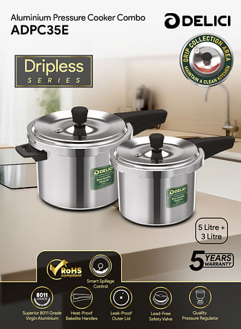 DELICI Aluminum Pressure Cooker Combo 5Ltr + 3Ltr Dripless Design With Superior 8011 Grade Virgin Aluminum, Smart Spillage Control, Heat-Proof Bakelite Handles And Lead-Free Safety Valve