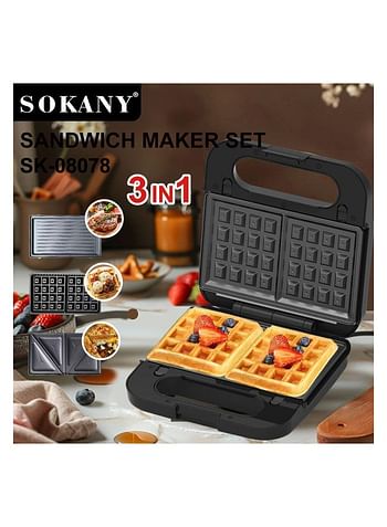 sokany Multimaker 3 in 1 SOKANY SK-08078 waffle maker for Belgian waffles, sandwich maker 1200W - Black