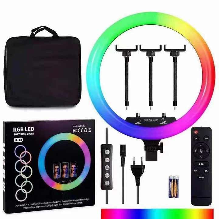 RGB LED Soft Ring Light - MJ18 Touch Control with 3 Phone Holder Clips & Remote (18" - 45cm)