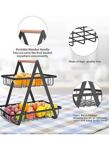 2-Tier Countertop Fruit and Vegetable Basket, Kitchen Storage Rack, Food Bins, Wire Construction, Wooden Handle, Versatile Organizer-  Black