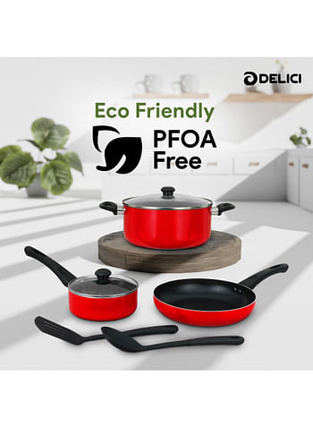 DELICI Non Stick Cookware Set 7 Pcs (NCS7R) | 10X Tougher Non-Stick Coating | Quick & Even Heat Distribution | Gas, Ceramic, Hot Plate, Halogen Compatible | Casserole, Sauce Pan, Fry Pan + Nylon Spatula