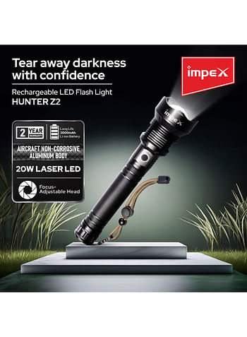 Impex Rechargeable LED Flashlight 20W Laser LED Aircraft Non Corrosive Aluminum Body 600 Lumens Light Beam 2000 Meters Real Range Type C 5 Modes Rotatable Head 3000mAh Li-ion Battery