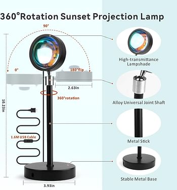 360&degree Rotatable Sunset Lamp, Baytion RGB 16 Colors & 4 Modes Remote LED Sunset Light Romantic Night Light For Bedroom Decor, Living Room, Kid's room, Photography, Party 1.6M USB Cable Plug and Play