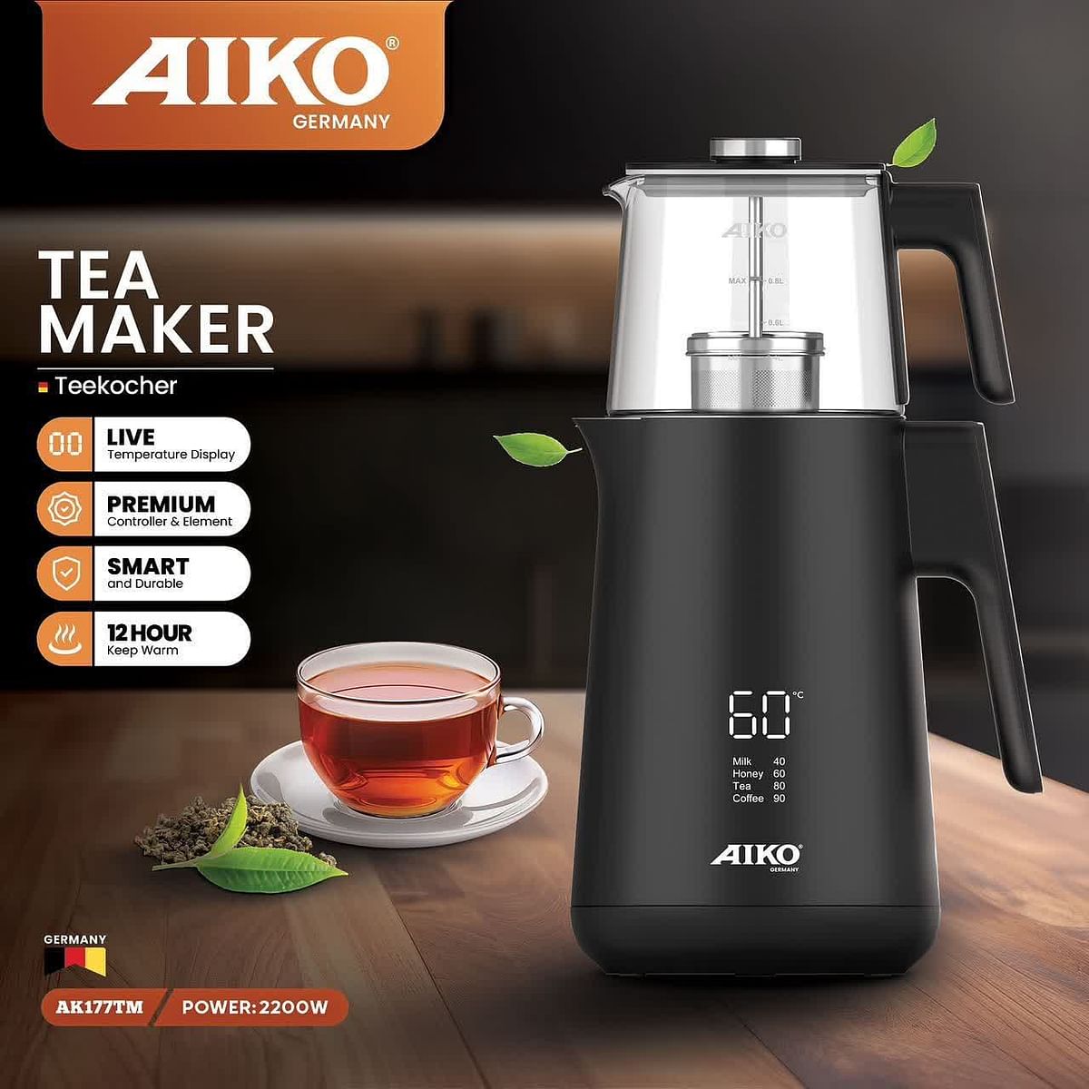 Aiko AK177TM Stainless Steel Body Beautiful Design Tea coffee Maker 2200 Watt Steel Filter Capacity 2 Liters Teapot Temperature Live Display Shatterproof Glass Teapot Black