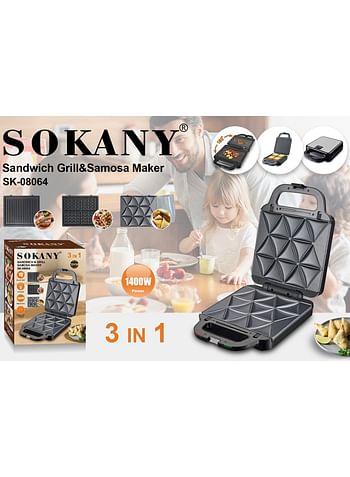 Sokany 3 In 1 Multifunctional Sandwich Maker, 3 Plates, 1400 Watt, Black - SK-08064