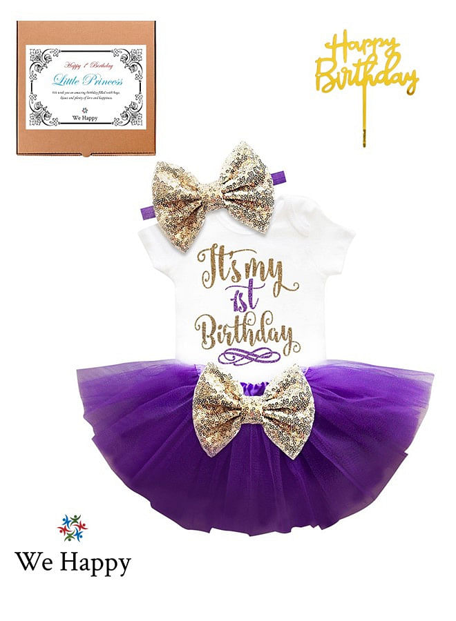 4 Pieces Its My 1st Birthday Costume Princess Theme Dressing up Toy Baby Girl Party Fancy Wear with Tutu Skirt, Cake Topper and Floral Headband - Purple