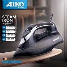 Aiko AK140SI Best Quality Soleplate Steam Iron Water Spray Anti-Drip System Vertical Steaming Micro-Calc Anti-Sediment Filter 3000 Watts Black