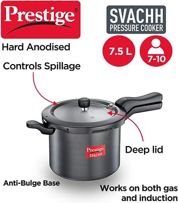 Prestige Svachh Pressure Cooker 7.5 Ltr with Hard Anodised Body | Grey