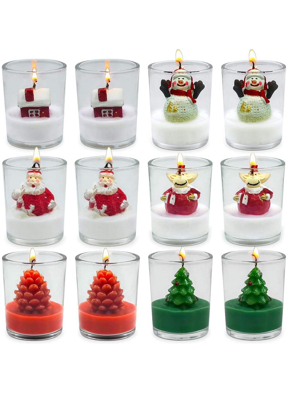 12-Pack Christmas Glass Votive Candles - Festive Decor Set with Santa, Snowman, Pinecone, Cedar, Elk and House Designs - Good for Xmas Holiday Decorations, Parties and Gifts