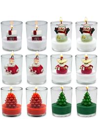 12-Pack Christmas Glass Votive Candles - Festive Decor Set with Santa, Snowman, Pinecone, Cedar, Elk and House Designs - Good for Xmas Holiday Decorations, Parties and Gifts