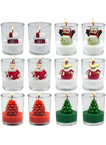 12-Pack Christmas Glass Votive Candles - Festive Decor Set with Santa, Snowman, Pinecone, Cedar, Elk and House Designs - Good for Xmas Holiday Decorations, Parties and Gifts