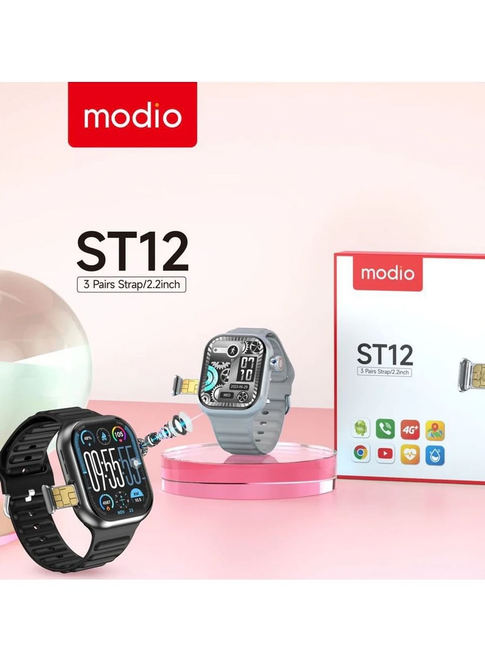 Modio ST12 Smart Watch in 4G Network, 3 Pairs Strap, 2.2 inch Smartwatch-Silver