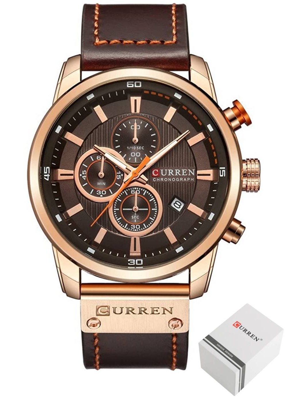 CURREN Men's Water Resistant Sport Chronograph Watches Military Multifunction Leather Quartz Wrist Watches - Gold Brown