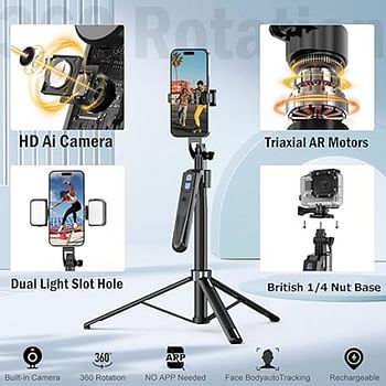 Auto Face Tracking Tripod 360 Rotation with Stand Android and iPhone Tripod Holder with Remote and Gesture Control No App Built-in Tracking Camera Selfie Stick Tripod for Vlog Video Recording Tiktok