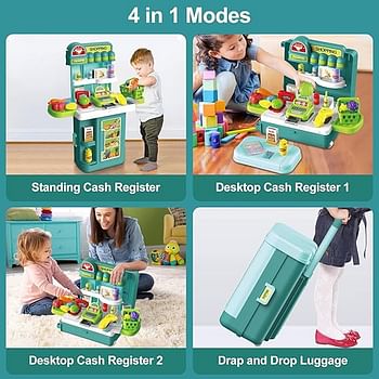 Toy Set 4 in 1 Travel Suitcase Mobile Supermarket Shop Kit Cash Register Food Fruit Vegetable 43PCS Role Play Accessories Gift for Boys Girls