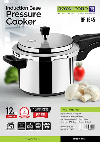 Royalford Induction Base Pressure Cooker Equipped with Improved Regulator and Controlled GRS Durable Aluminum Construction Firm Handles Compatible Silver 12.0 L RF11645