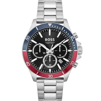 HUGO BOSS TROPER CHRONOGRAPH WATCH Steel Bracelet Black dial HB1514108 45mm - Blue,Red