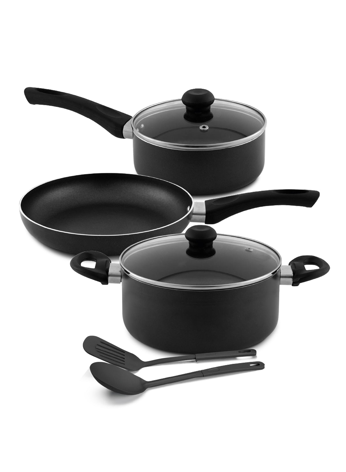 DELICI Nonstick Cookware Set 7 Pcs (NCS7G) 10X Tougher Coating Quick & Even Heat Distribution Suitable for Hot Plate Halogen Ceramic Gas 24cm Casserole with Lid 18cm Saucepan with Lid 24cm Frypan and 2 Nylon Spatulas