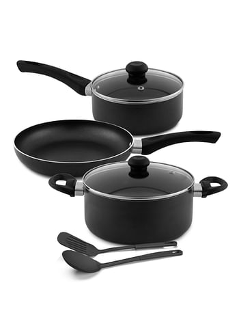 DELICI Nonstick Cookware Set 7 Pcs (NCS7G) 10X Tougher Coating Quick & Even Heat Distribution Suitable for Hot Plate Halogen Ceramic Gas 24cm Casserole with Lid 18cm Saucepan with Lid 24cm Frypan and 2 Nylon Spatulas