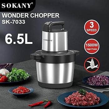 SOKANY Electric Food Chopper Stainless Steel Bowl 2 Speed ​​with 4 Sharp Blades Blender Chopper with Powerful Motor Food Processor for Fruit Vegetables Meat Spices (SK-7033, 1500W, 6.5L)