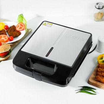 Geepas 1400 W 4-Slice Grill Maker- GGT671N/ Non-Stick Plates for Easy Release and Quick Cleanup/ Cool Touch Handle, Overheat Protection, Perfect for Grilled Sandwiches, Fit Any Type or Size of Food, Meat, Snack - Black