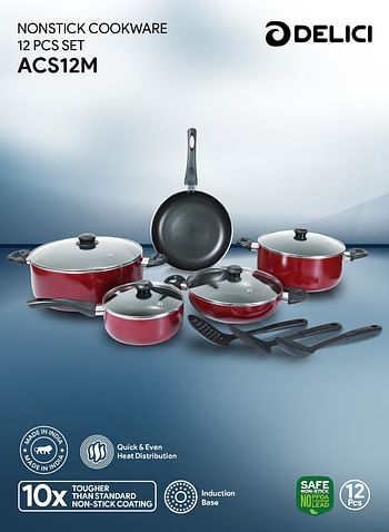 DELICI 12 Piece Nonstick Cookware Set With Glass Lids And 3 Nylon Spatula, PFOA Free-High Temperature Resistant Exterior Coating-ACS12M