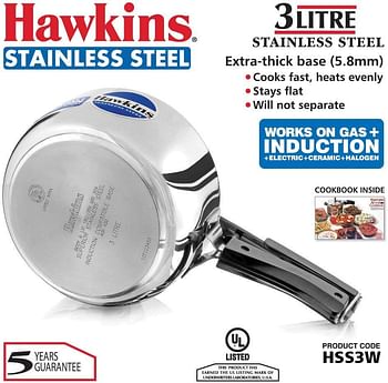 Hawkins 3 Litre Inner Lid Pressure Cooker, Stainless Steel Cooker, Wide Design Pan Cooker, Induction Cooker HSS3W - Silver