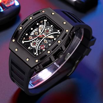 AIMES Men's Waterproof Adjustable Silicone Strap Chronograph Calendar Date Business Luminous Cool Large Square Face Wristwatch - Black