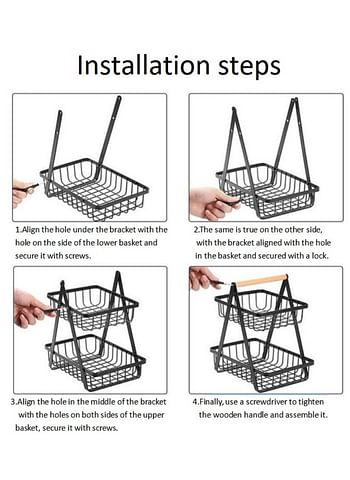 2-Tier Countertop Fruit and Vegetable Basket, Kitchen Storage Rack, Food Bins, Wire Construction, Wooden Handle, Versatile Organizer-  Black