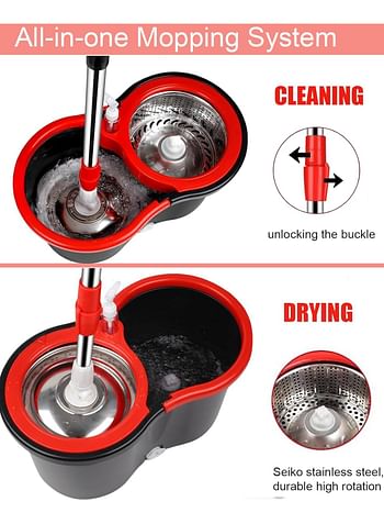 Spin Mop and Bucket with Wringer Set, 360° Spinning Mop Bucket System, Stainless Steel Extended Handle for Floor Cleaning Home Office-Multicolour