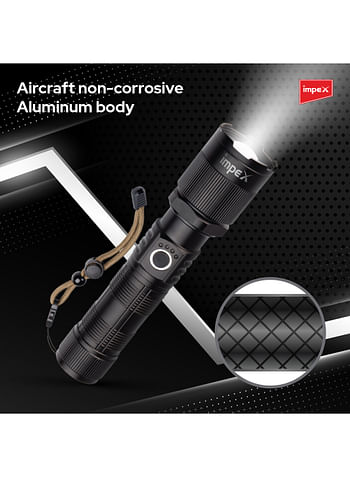 Impex Rechargeable LED Flashlight 10W Laser LED 500 Lumens 1800m Range 3 Modes (High, Low, SOS) Aircraft Non-Corrosive Aluminum Body Type C Charging Rotatable Head Powerful Light Beam